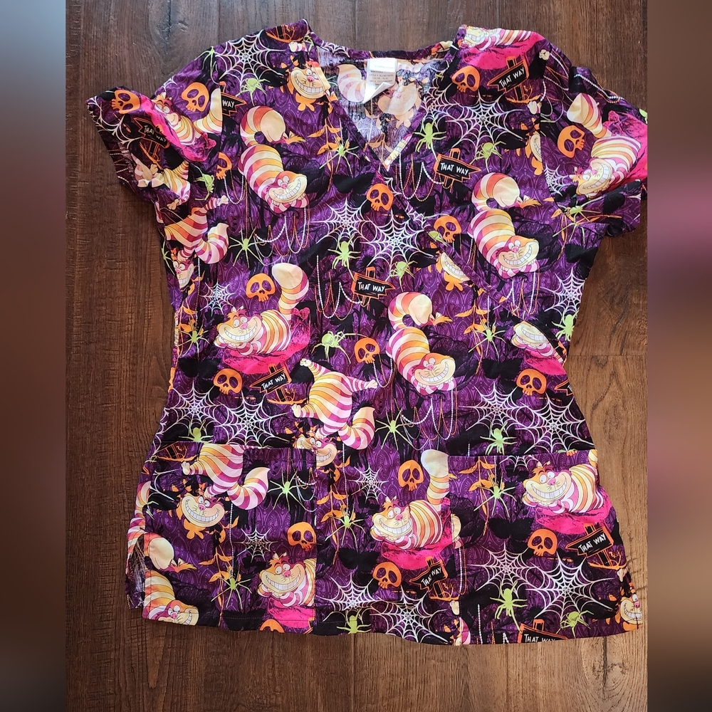 Disney Purple Cheshire Cat Halloween Scrub Top